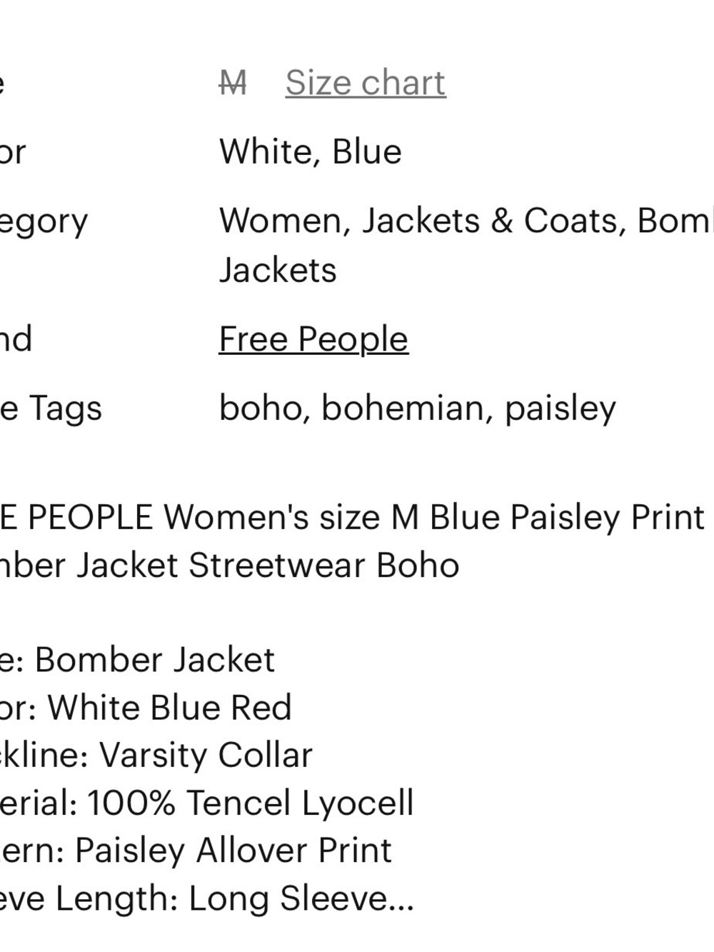Free People Blue Paisley Bomber Jacket with Navy Trim - Picture 7 of 7